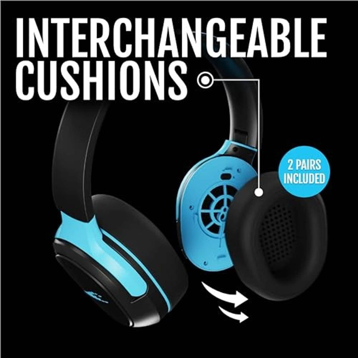 Over-the-ear sport headphones showing blue ear cups and black interchangeable cushions