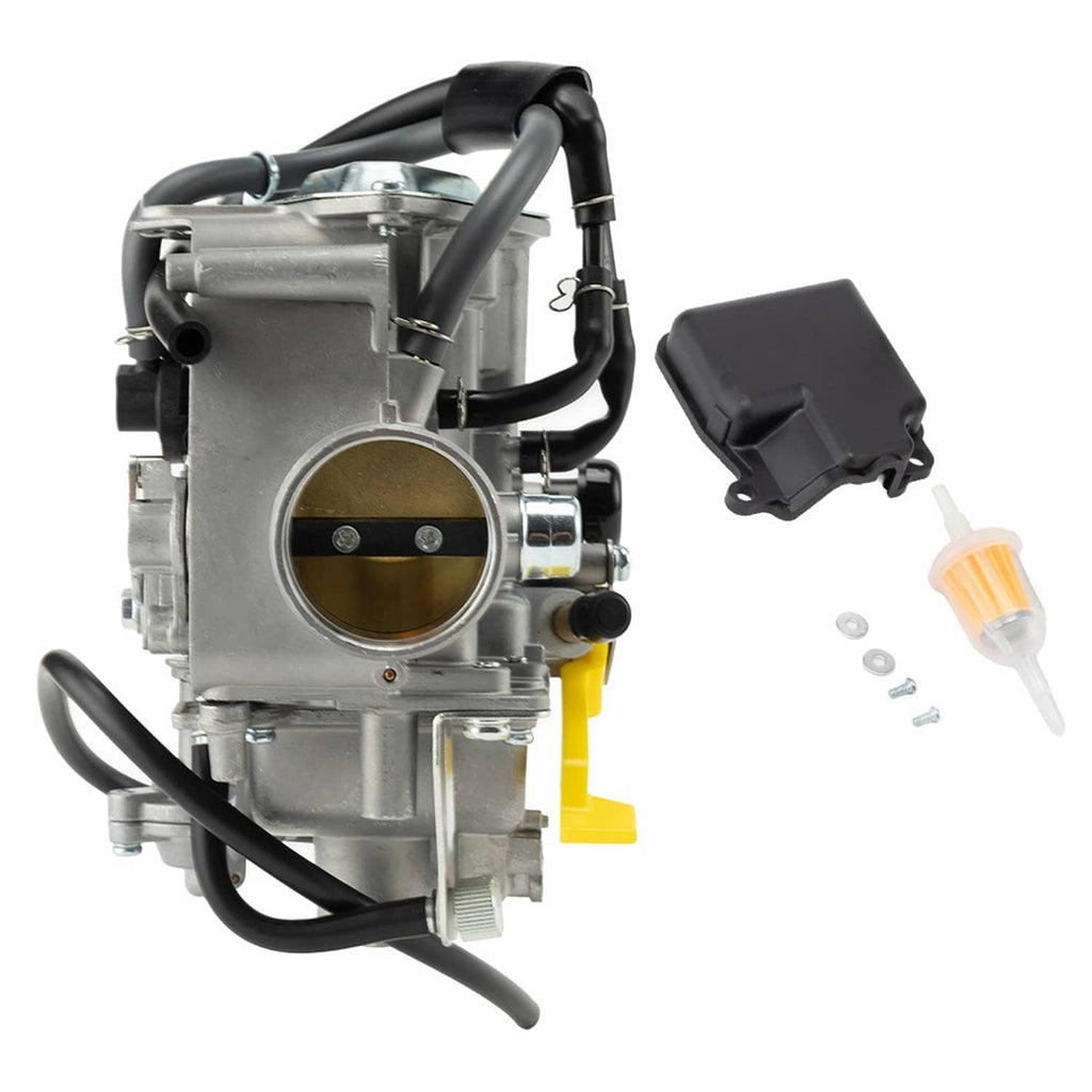 Carburetor carb assembly front view with round throttle bore and separate fuel filter