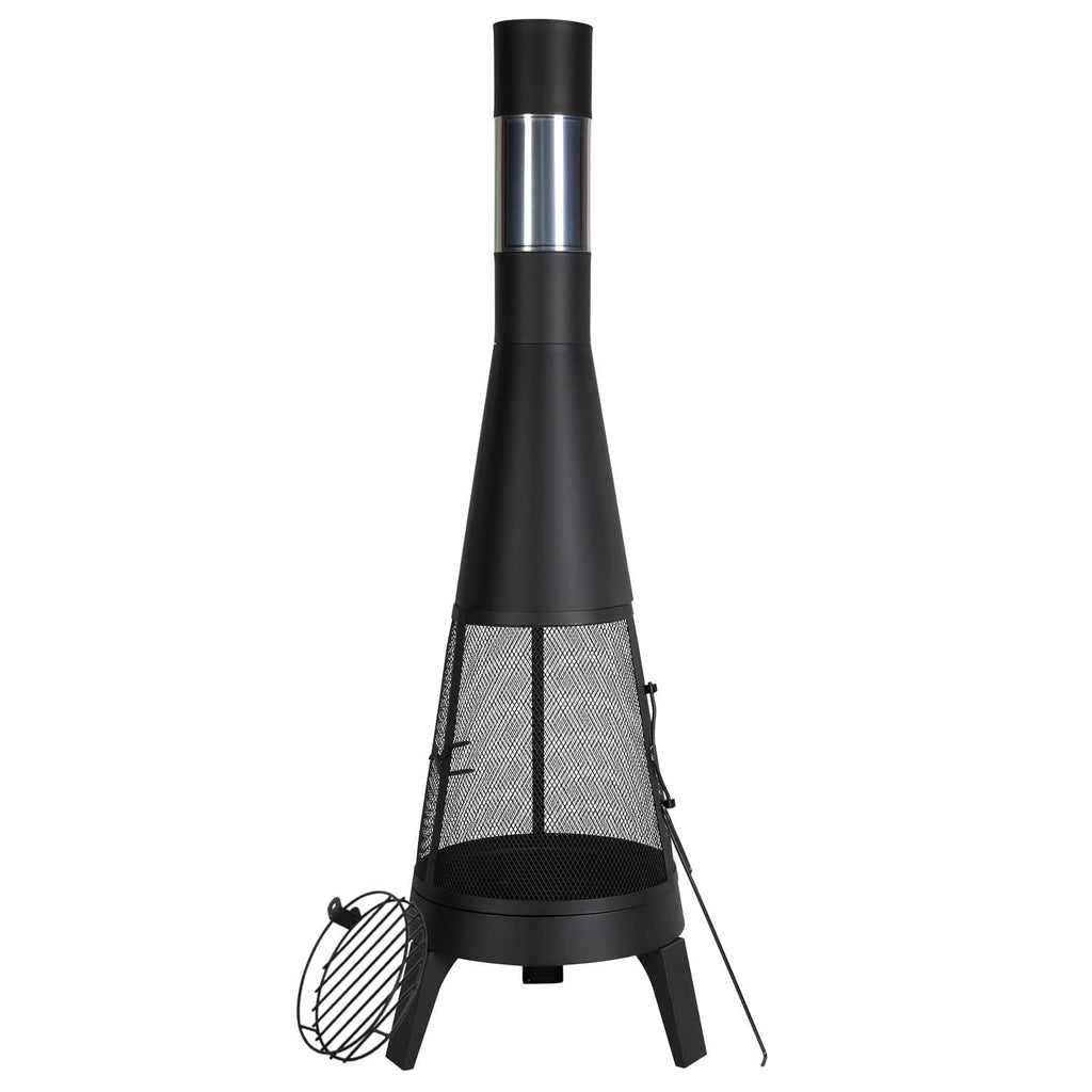 Outdoor wood-burning chiminea firepit, black metal with chimney pipe and side mesh panels