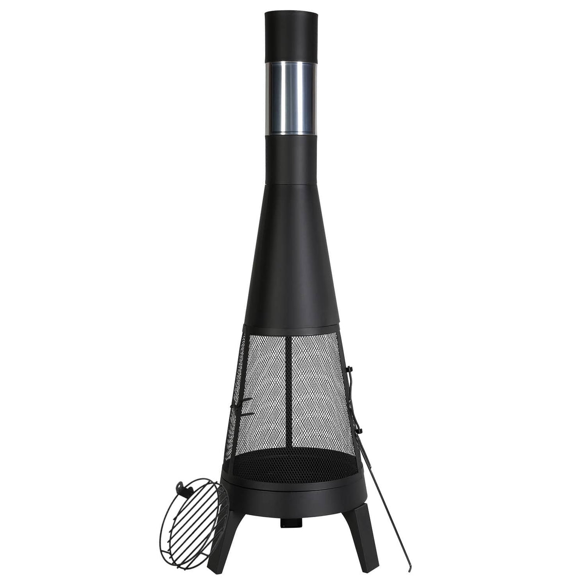 Outdoor wood-burning chiminea firepit, black metal with chimney pipe and side mesh panels