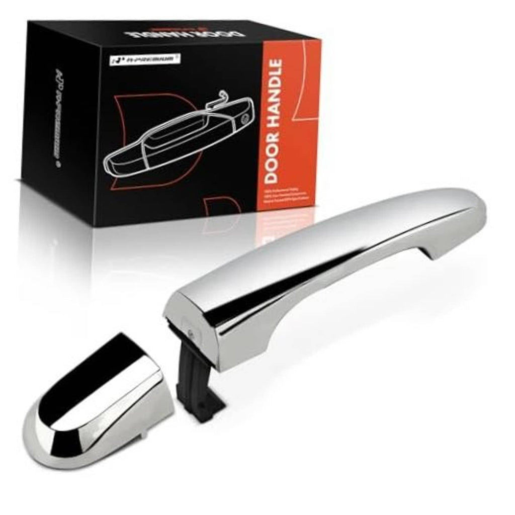 Chrome exterior door handle with black mounting base, front door replacement part