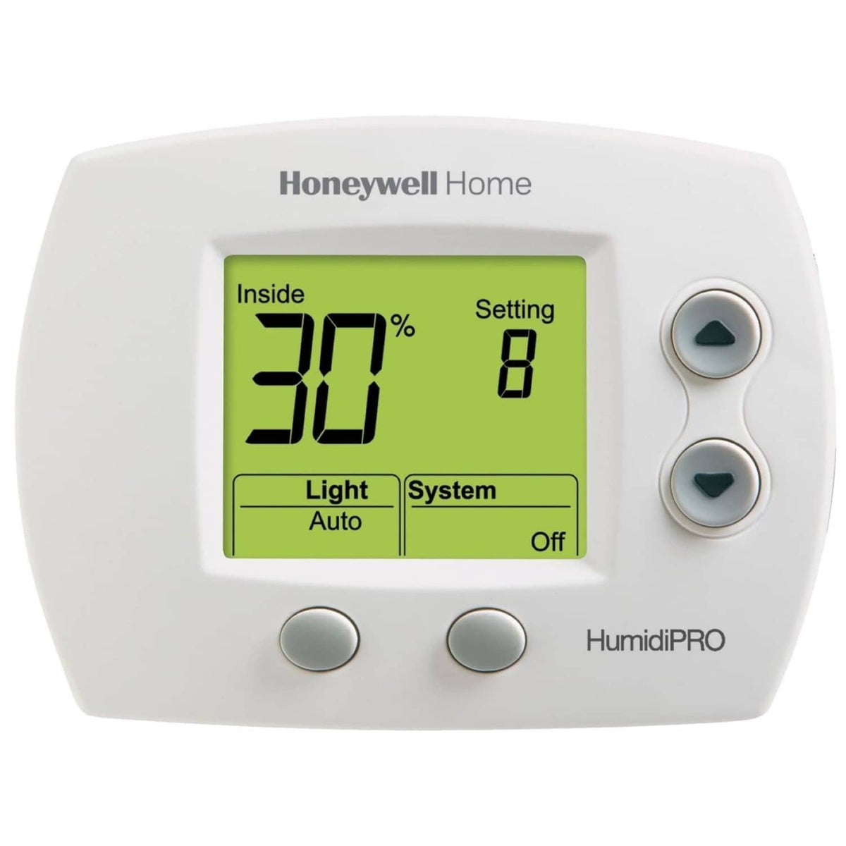 Whole-home humidifier control panel with green LCD display and HumidiPRO buttons