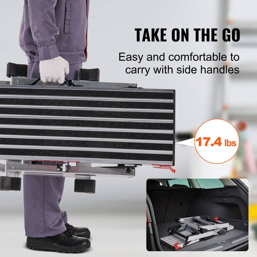 Aluminum folding work platform ladder with side carry handles and wide ribbed platform