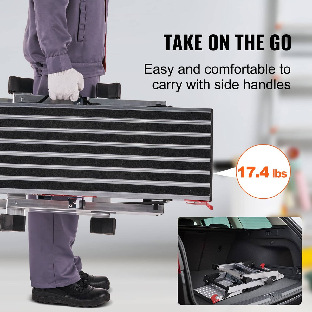 Aluminum folding work platform ladder with side carry handles and wide ribbed platform