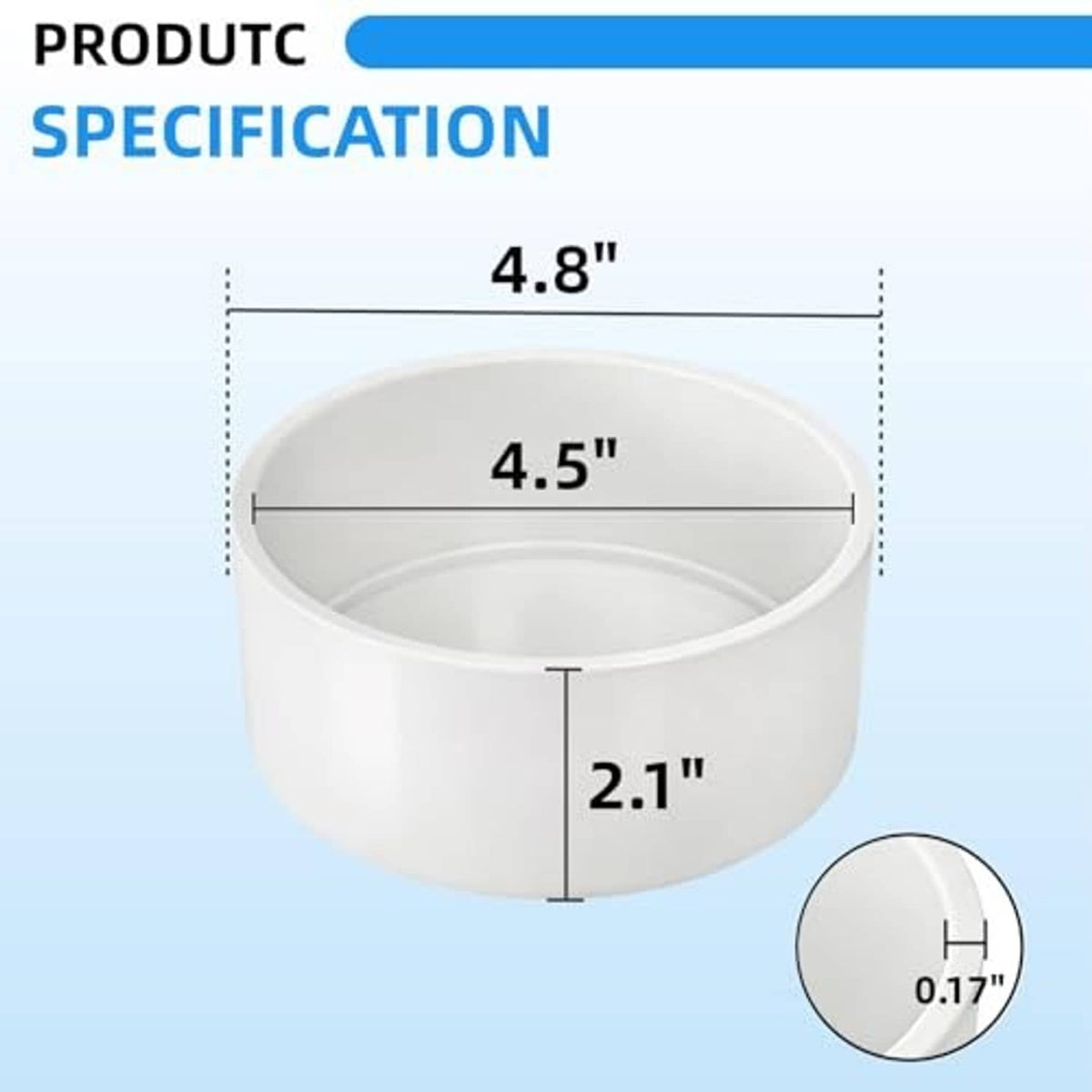 PVC end cap size diagram: 4.5" inner fit, 2.1" height, white 4-pack