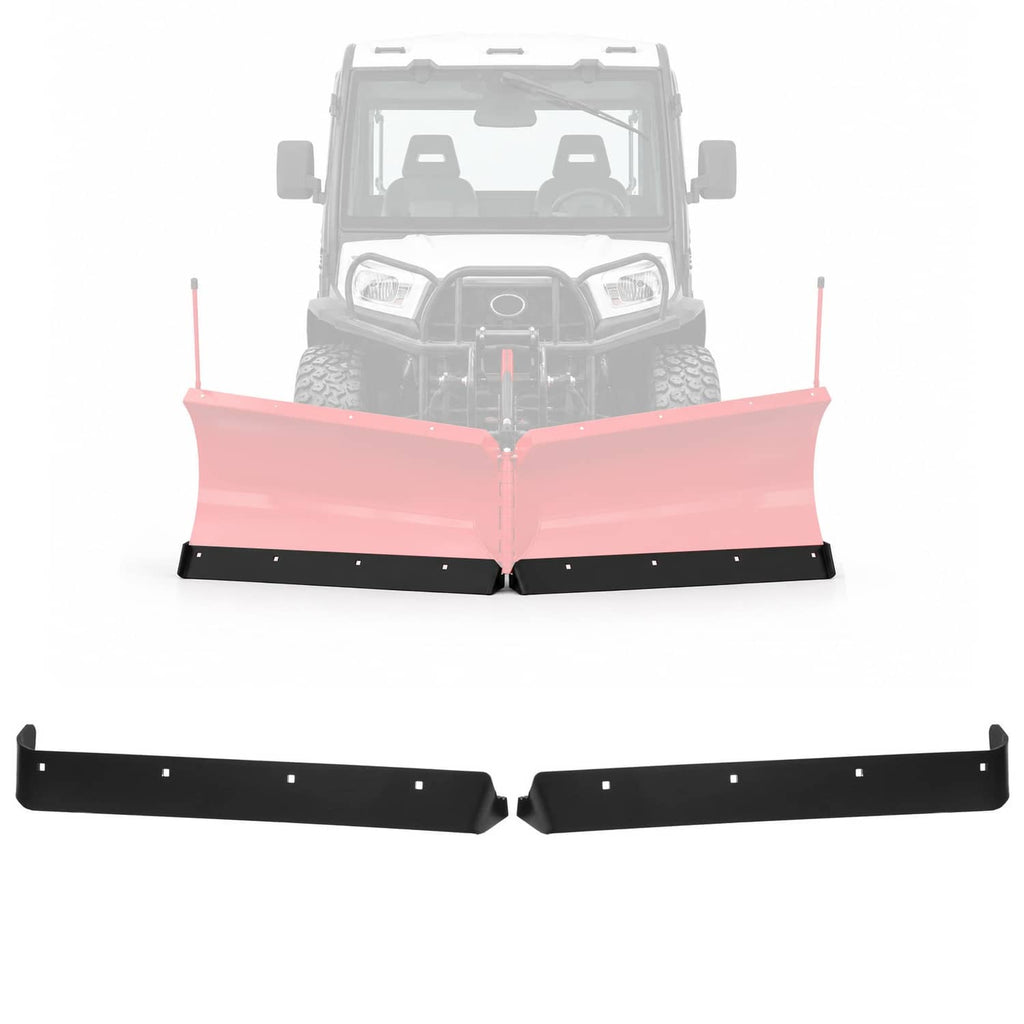 Pair of black snow plow cutting edge blades with mounting holes and curved ends