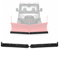 Pair of black snow plow cutting edge blades with mounting holes and curved ends