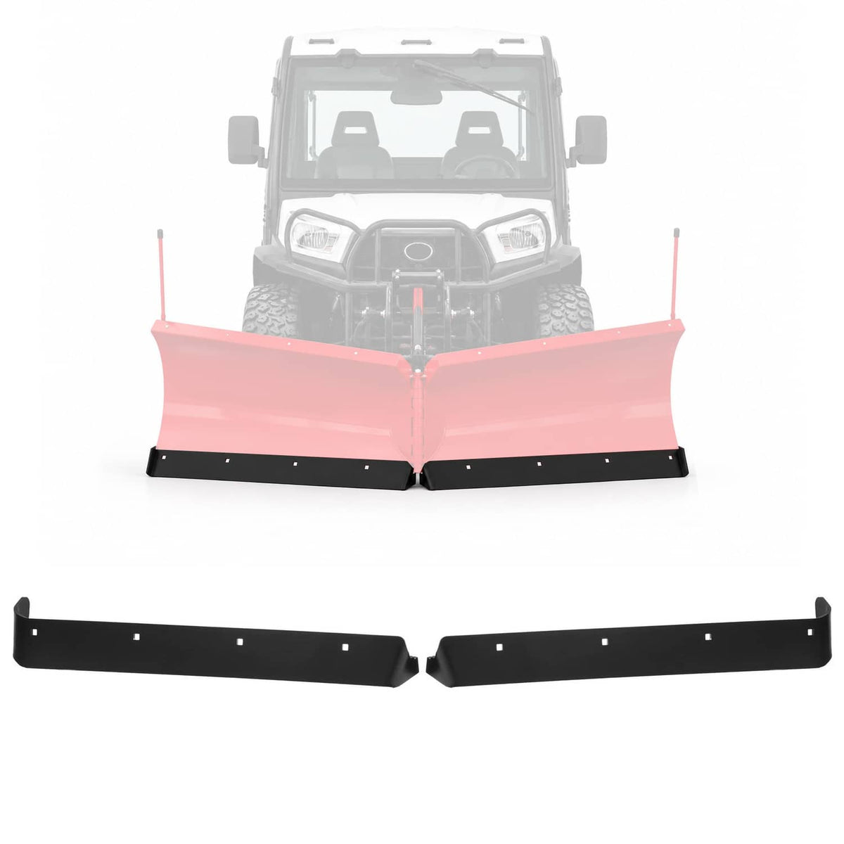 Pair of black snow plow cutting edge blades with mounting holes and curved ends