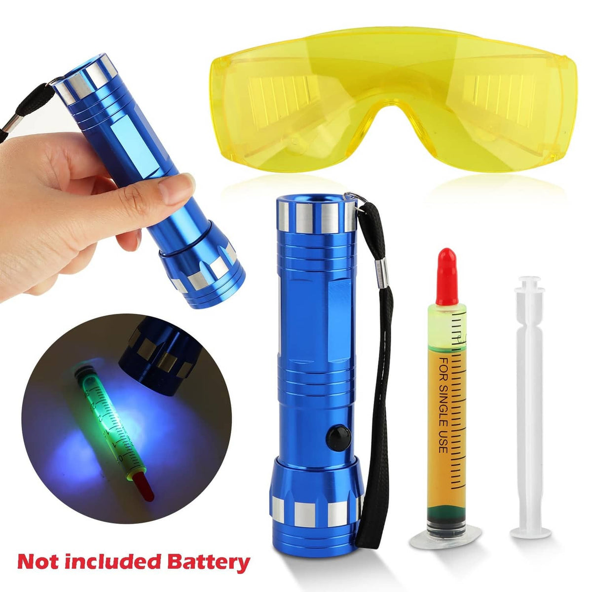 Leak detector kit with blue UV flashlight, yellow goggles, and two included syringes
