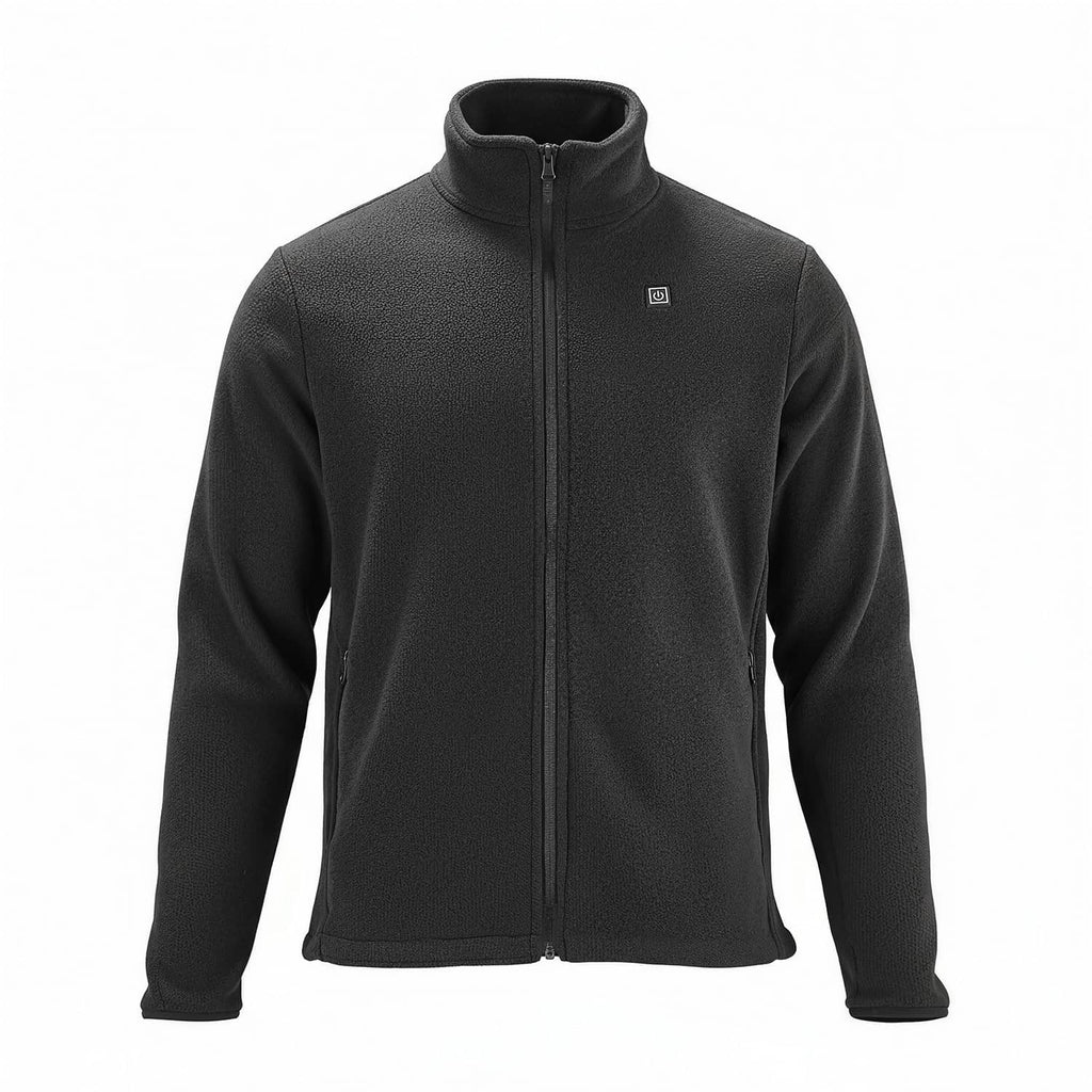 Black heated fleece jacket, front view with stand collar and full zipper closure