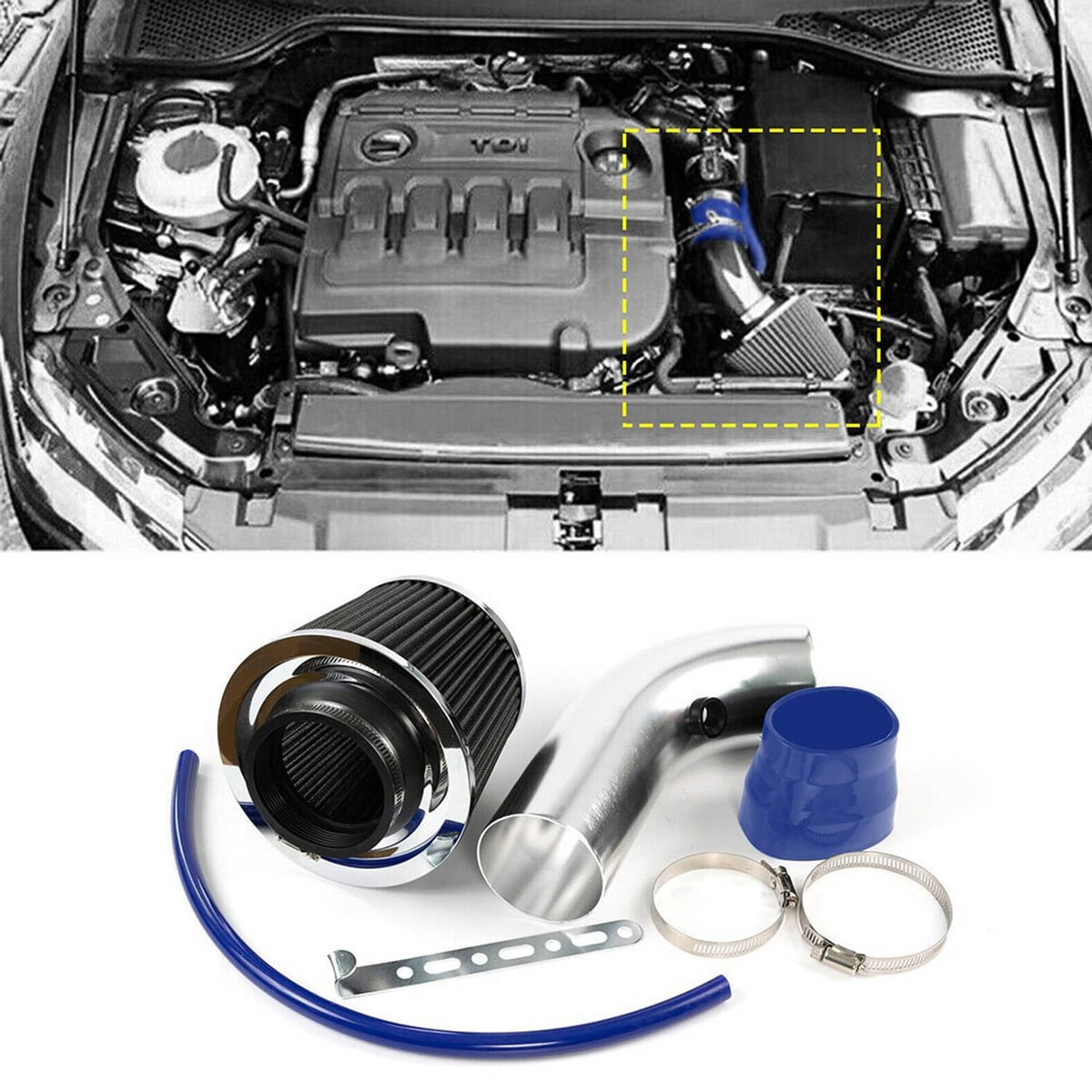 Cold air intake filter kit components: black filter, chrome pipes, blue coupler, clamps