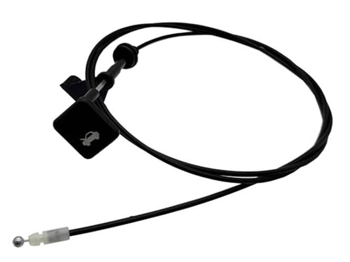 Engine hood latch cable assembly with black wiring harness and metal pull end