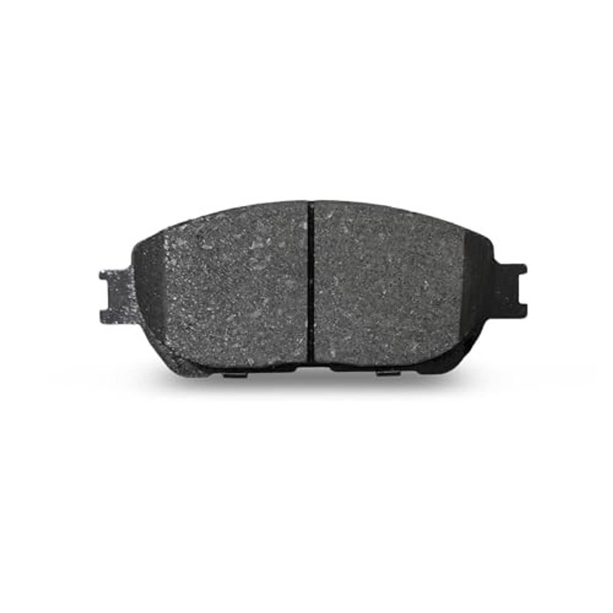 Single dark gray ceramic brake pad with center groove and metal mounting tabs