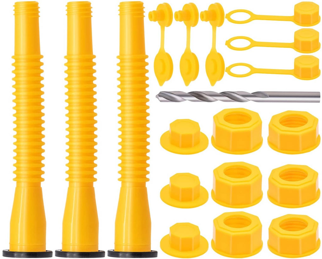 Yellow gas can spout replacement set with multiple ribbed spouts, vent caps, and hex caps