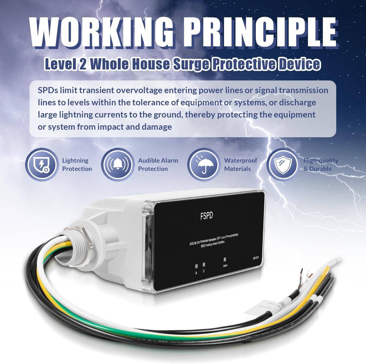 Whole-house surge protection device with black front panel and white junction housing