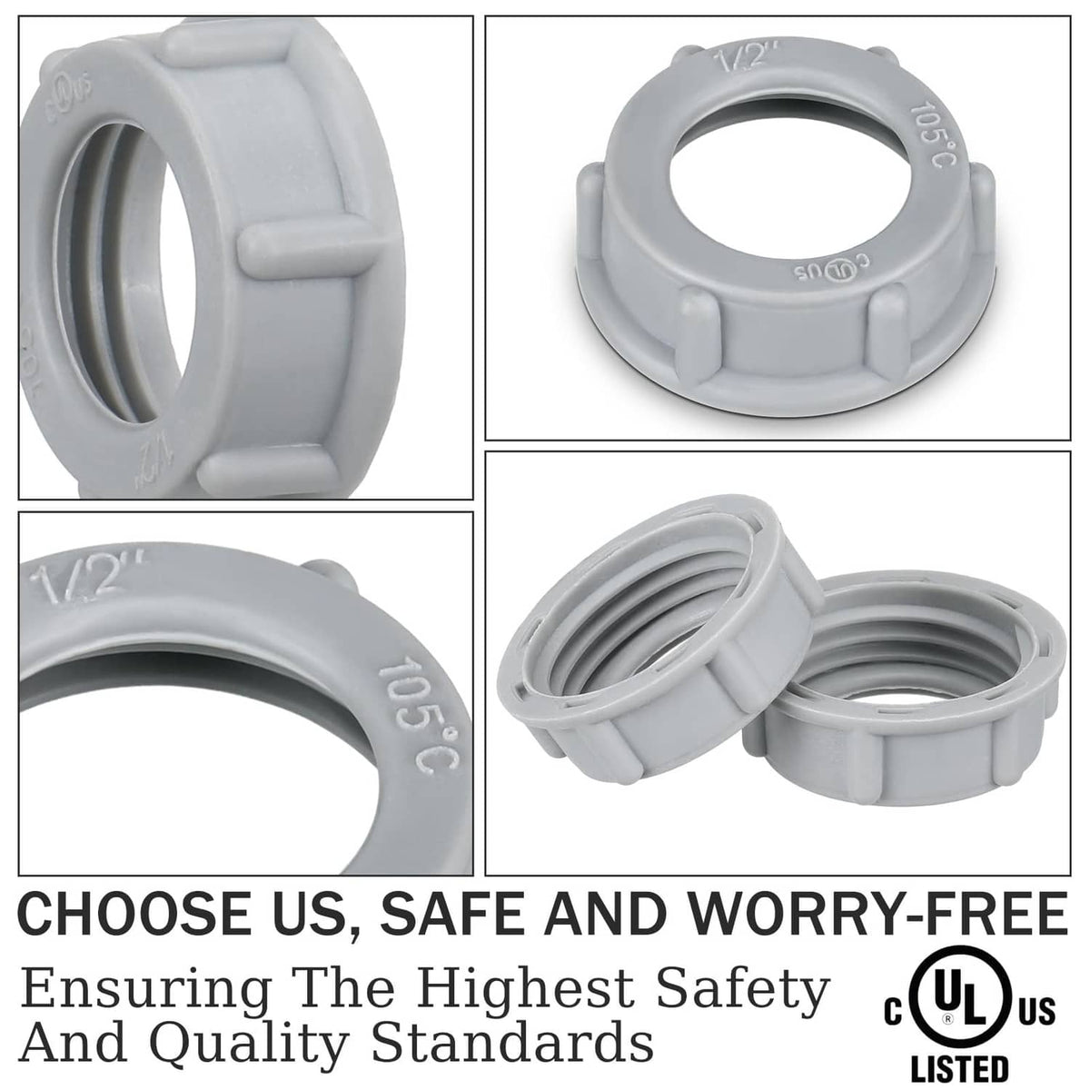 Gray threaded plastic insulating bushing with internal grooves and outer ridges