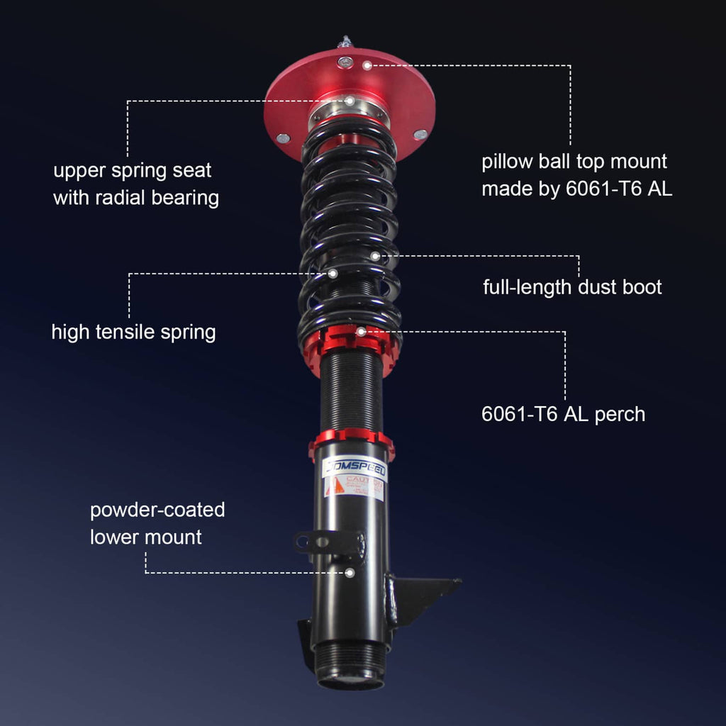 Single red-capped black coilover strut with spring and dust boot