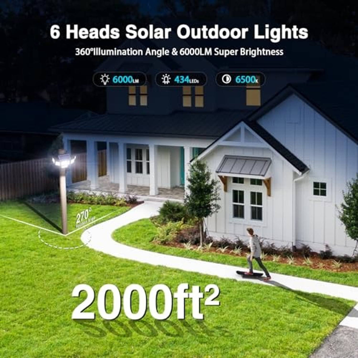 6-head solar floodlight with solar panel and bright LED illumination