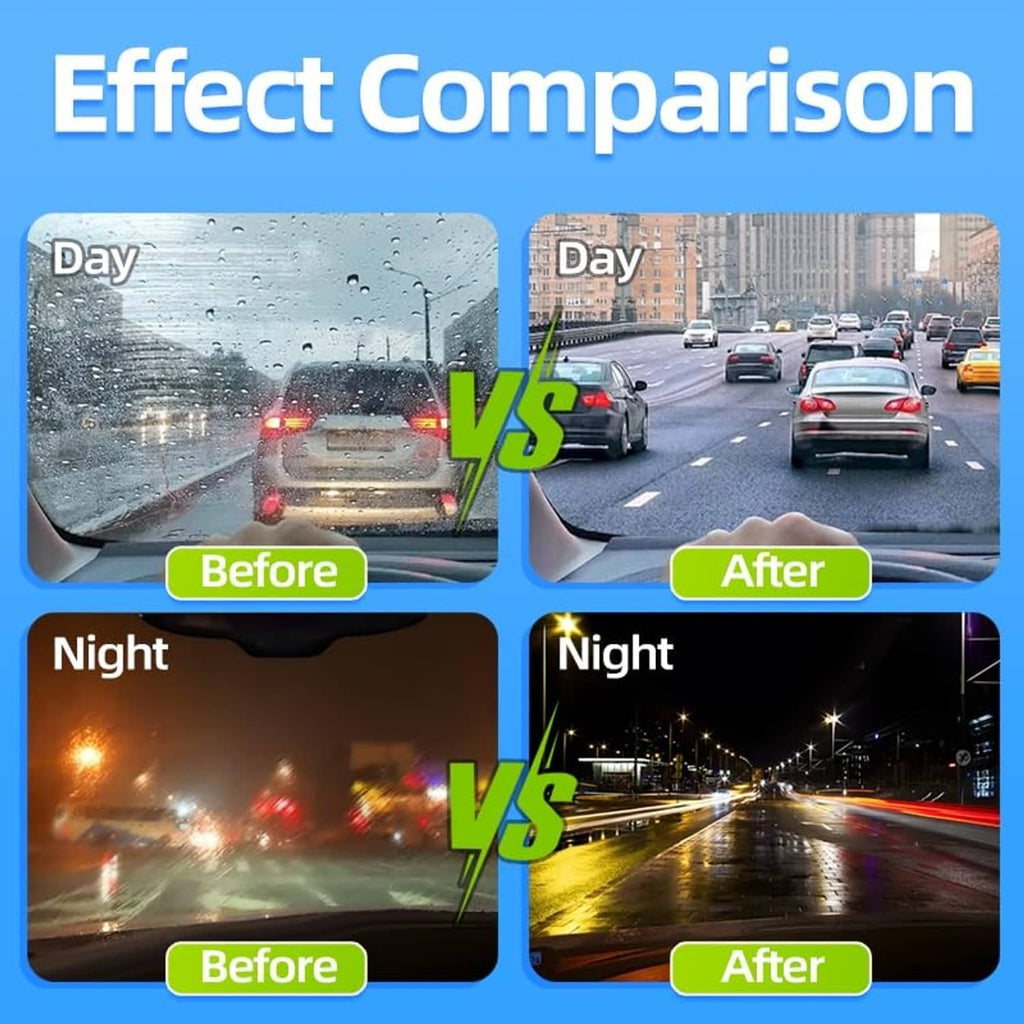 Cleaned car windshield panels showing clearer visibility on vehicle glass