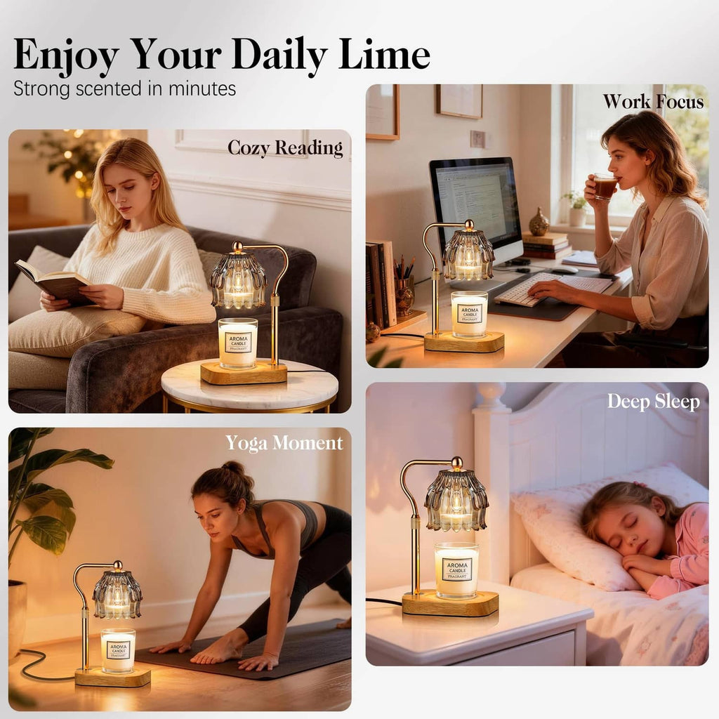 Candle warmer lamp on table with lit wax melt for cozy home fragrance