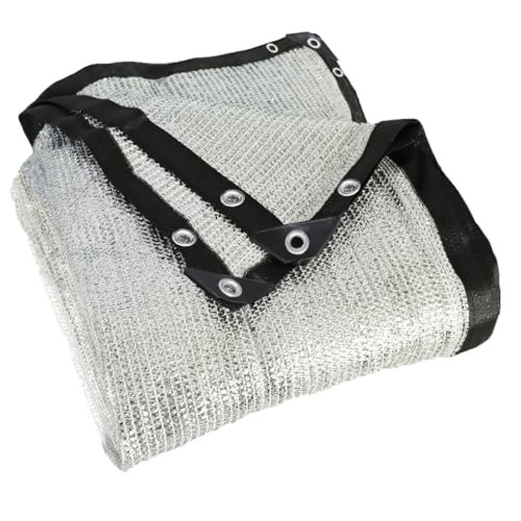 Folded aluminum shade cloth bundle with black strap-like webbing and metal grommets