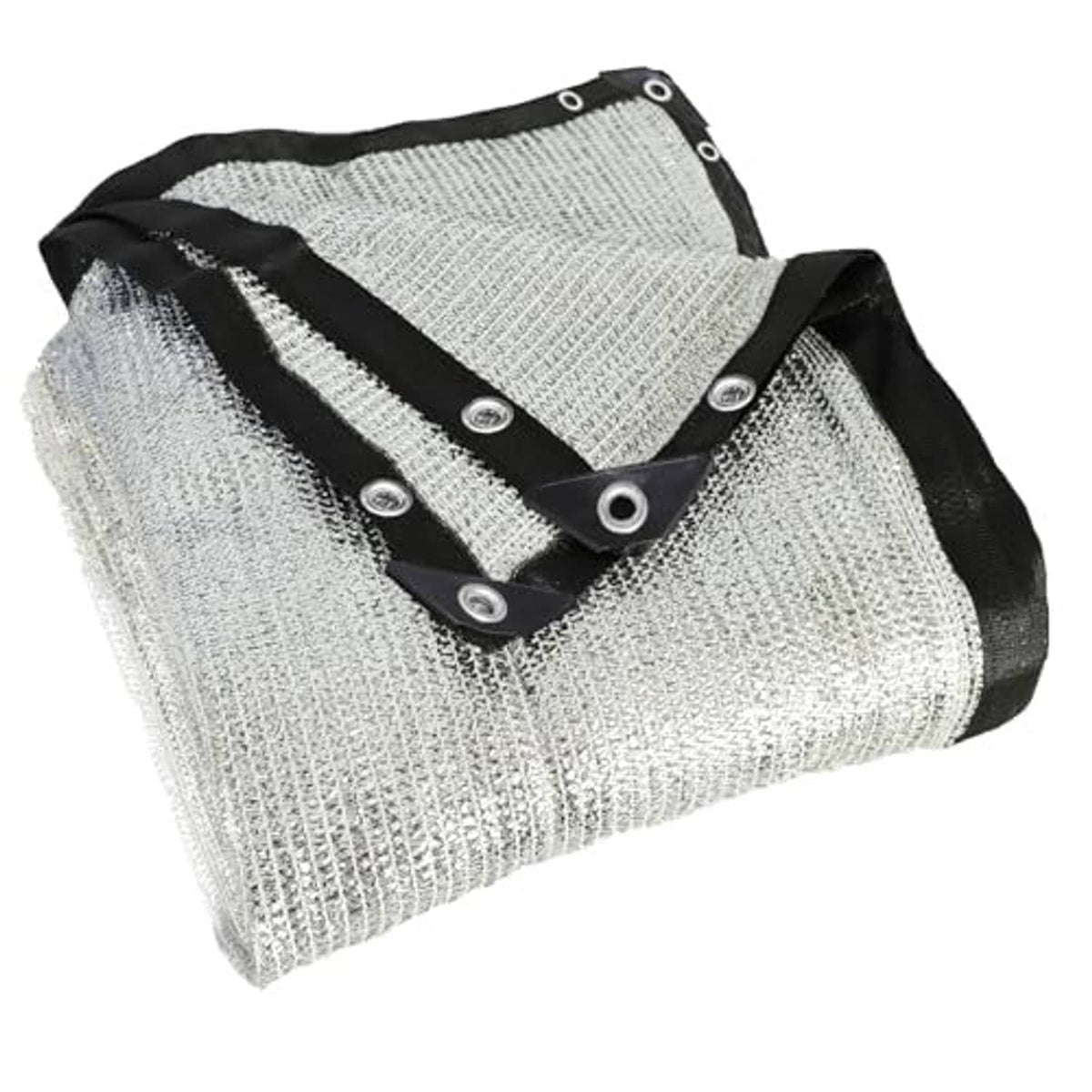 Folded aluminum shade cloth bundle with black strap-like webbing and metal grommets