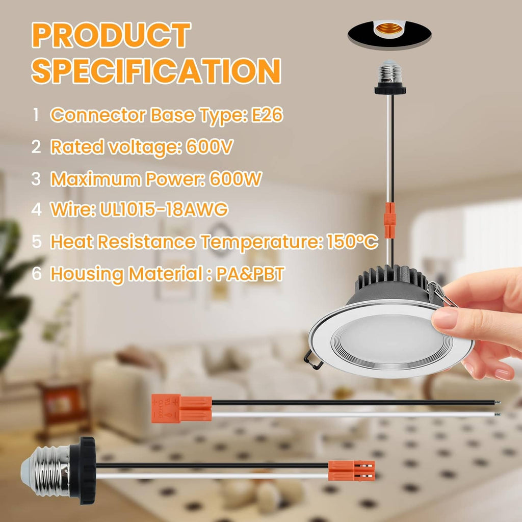 E26 socket adapter with light orange connector and black screw base; wire leads included