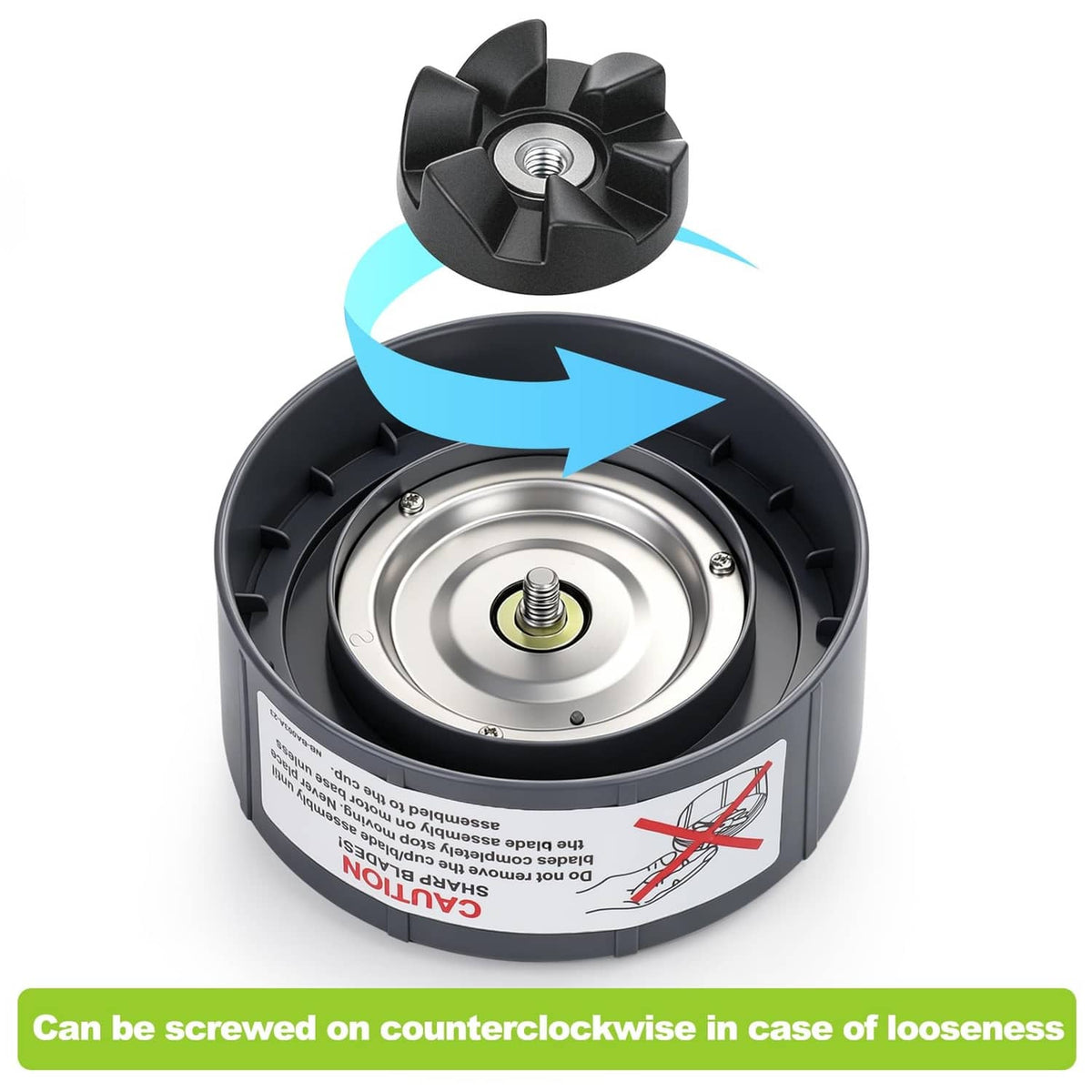 Extractor blade assembly base with central threaded nut and black fan-like fins