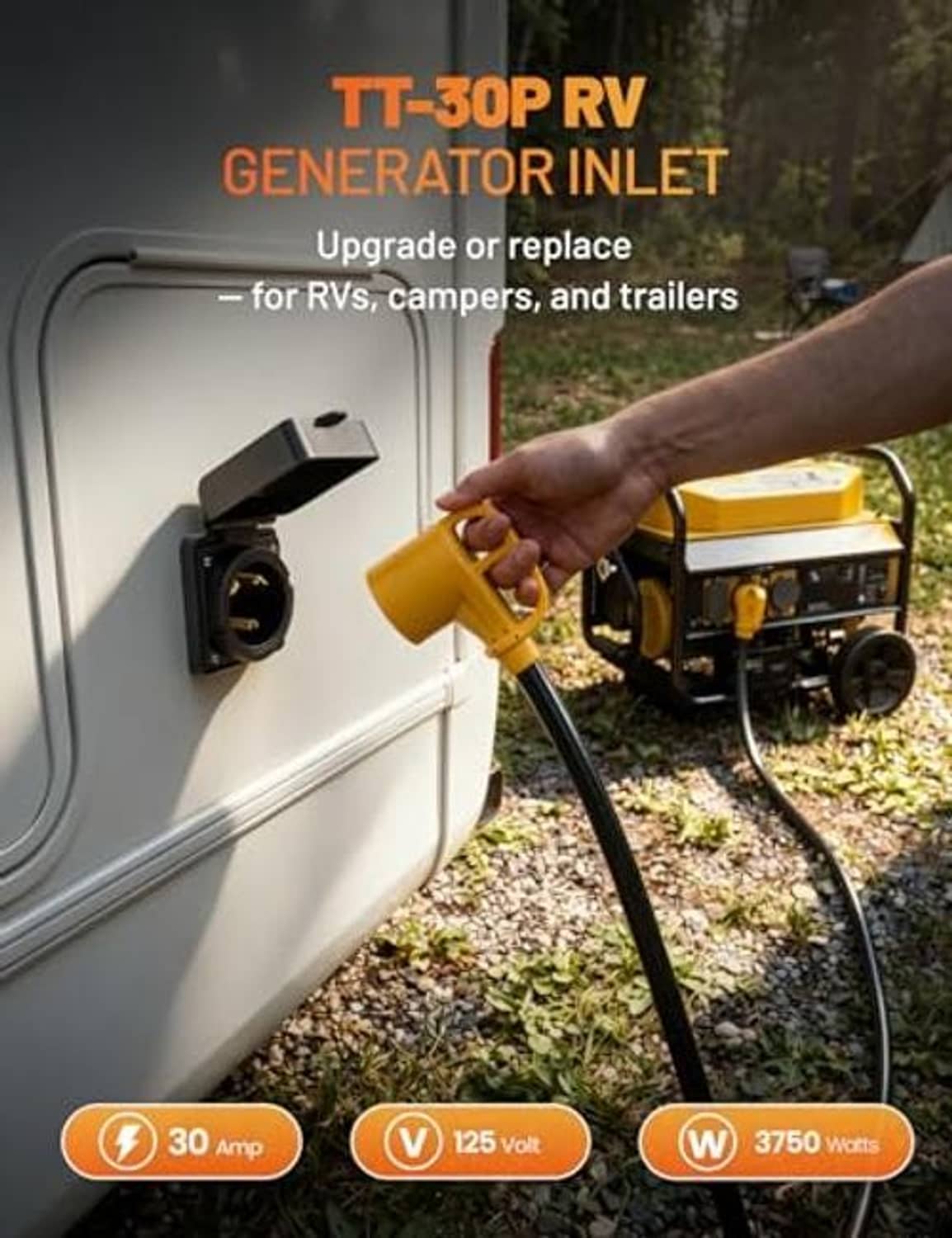 TT-30P RV generator inlet on sidewall with yellow straight-blade plug being inserted.