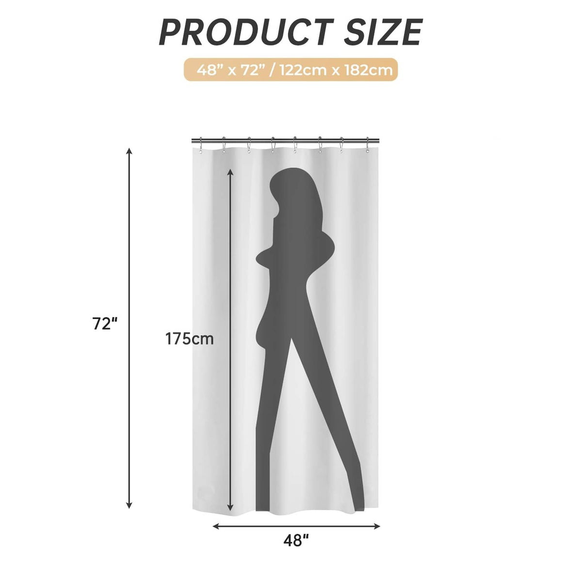 White shower curtain size diagram, 48 in W x 72 in L