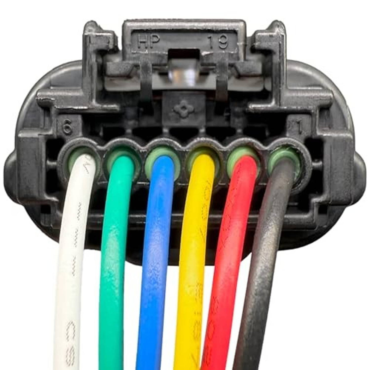 Six colored wire terminals inserted in a black 6-pin connector plug face