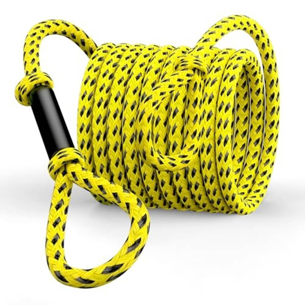 Yellow-and-black braided tow rope with black end sleeve, coiled on a white background.
