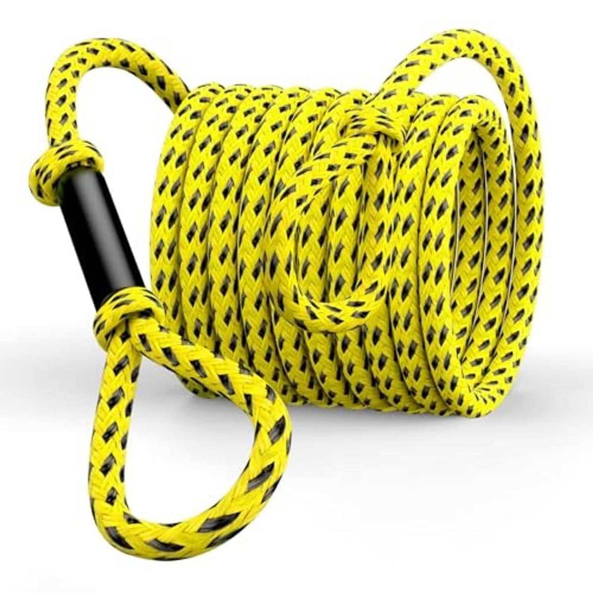 Yellow-and-black braided tow rope with black end sleeve, coiled on a white background.