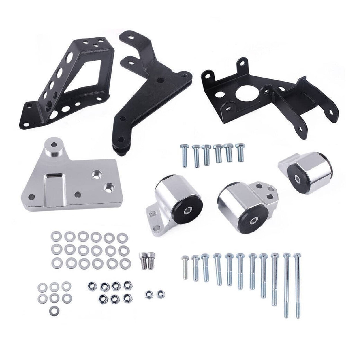 Engine mount bracket kit with black frames, silver plates, bushings, bolts, and washers
