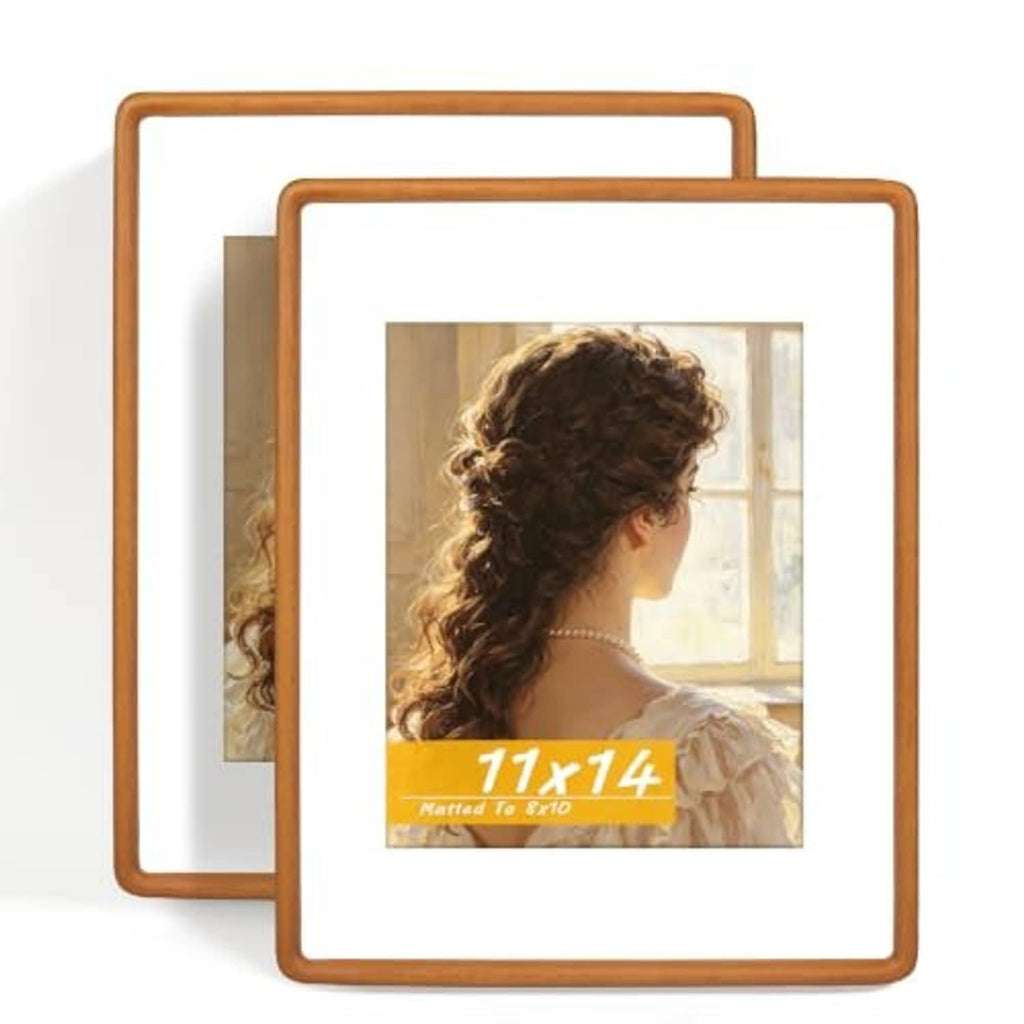 Two solid teak 11x14 picture frames with rounded wood borders
