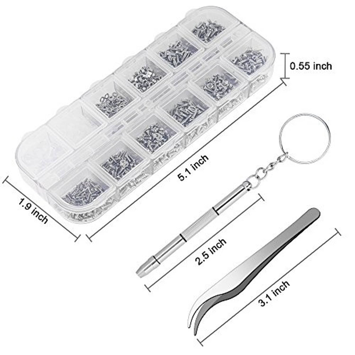 Eyeglasses repair kit with screw organizer, tweezers, and length measurements for tools