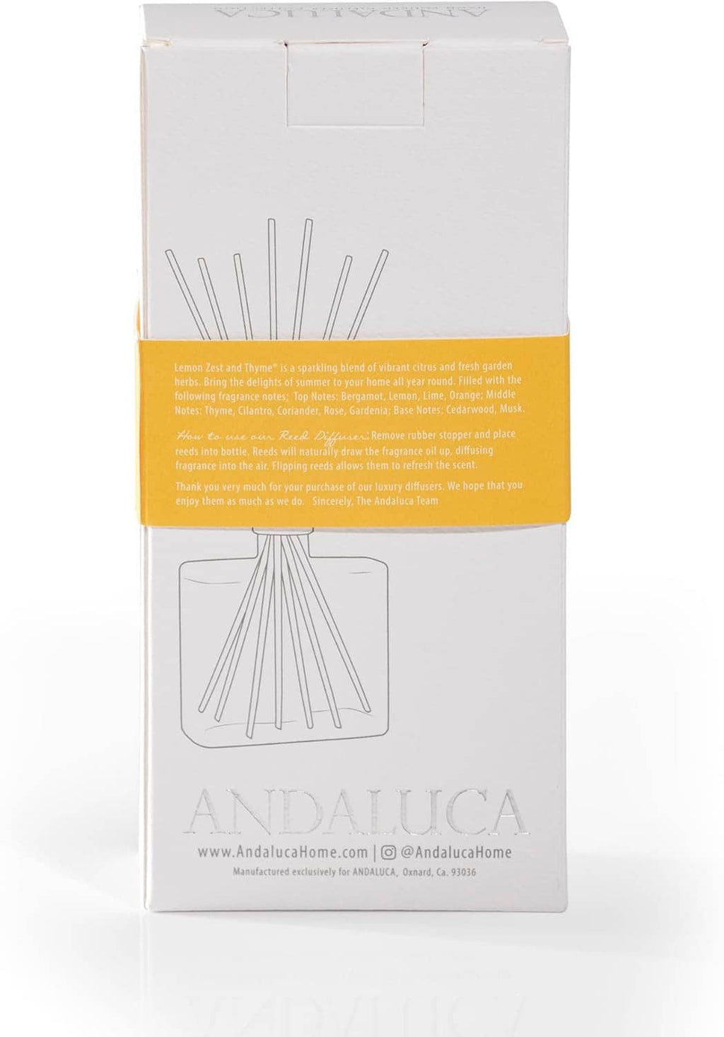 White diffuser box with product panel and stylized reed graphic, centered front view