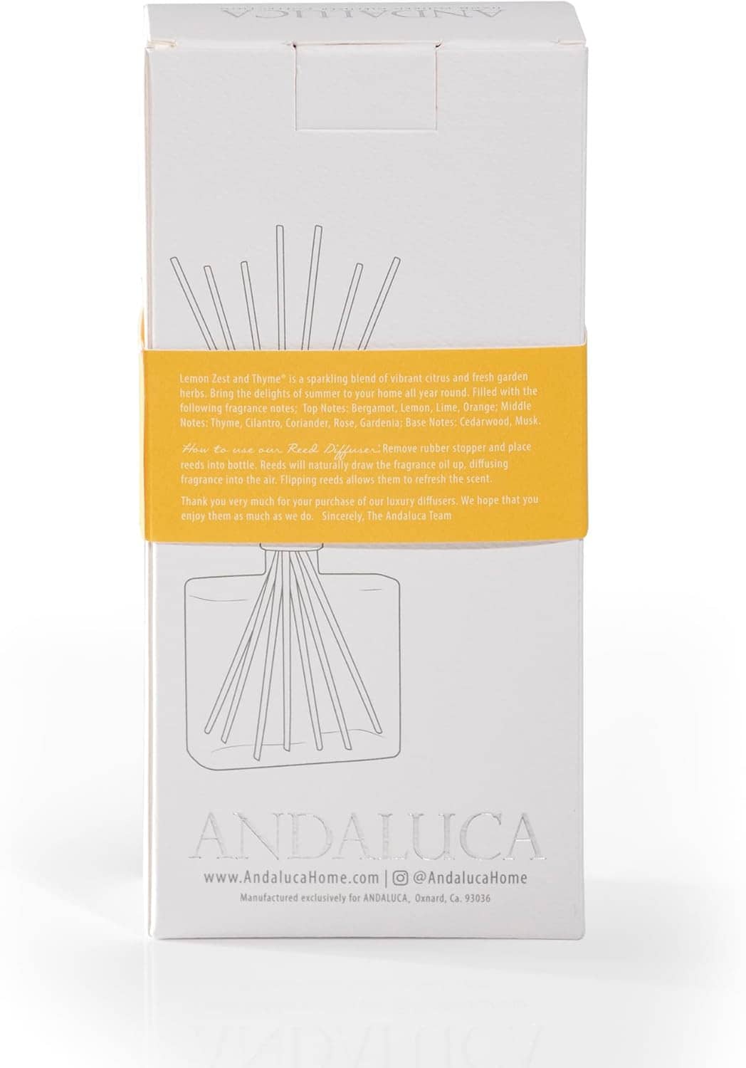 White diffuser box with product panel and stylized reed graphic, centered front view