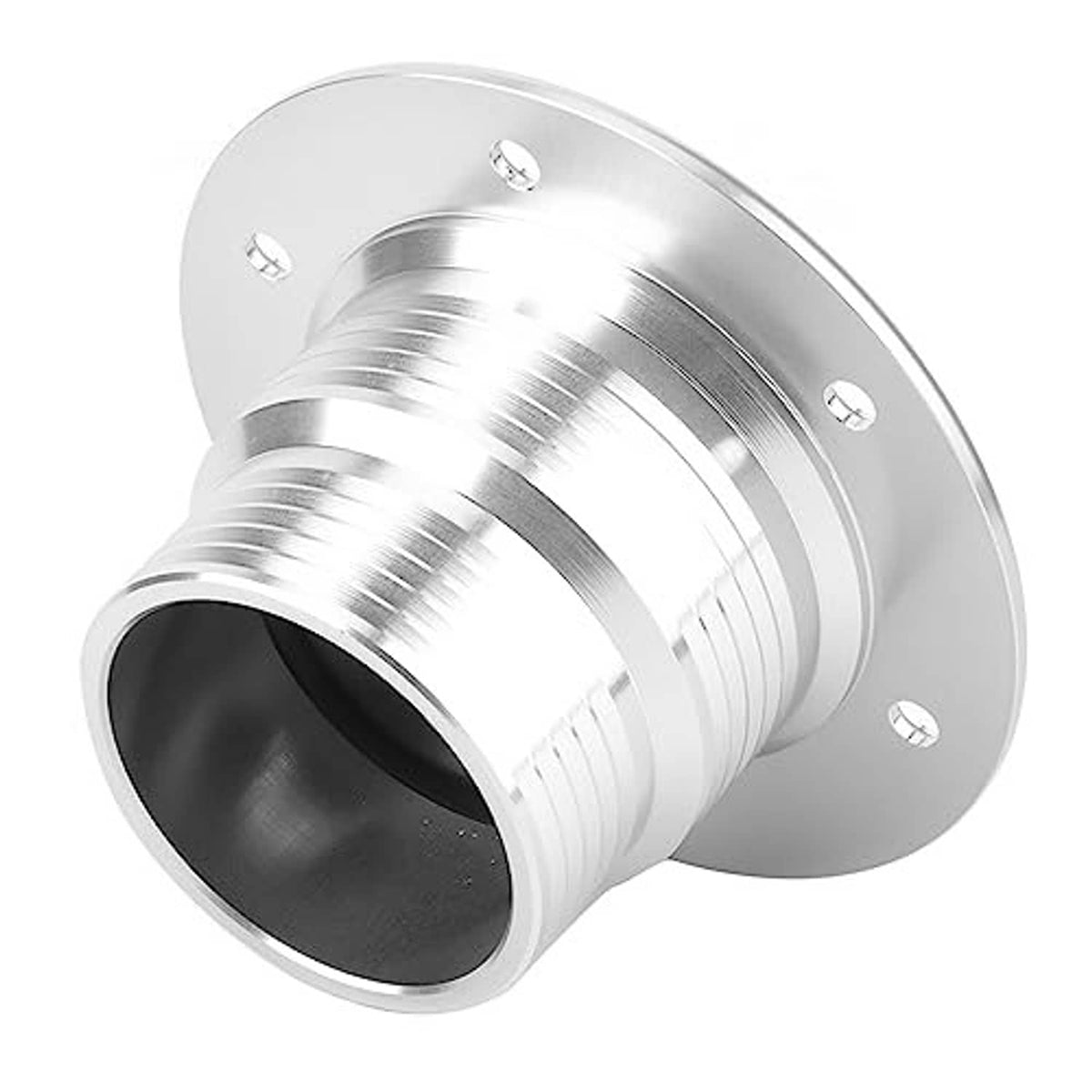 Billet aluminum fuel filler cap with threaded inlet and open black sealing rim, chrome