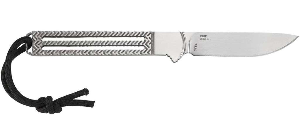 Fixed blade knife laid horizontally with black cord lanyard and patterned grip