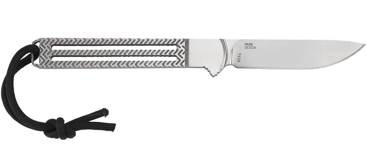 Fixed blade knife laid horizontally with black cord lanyard and patterned grip