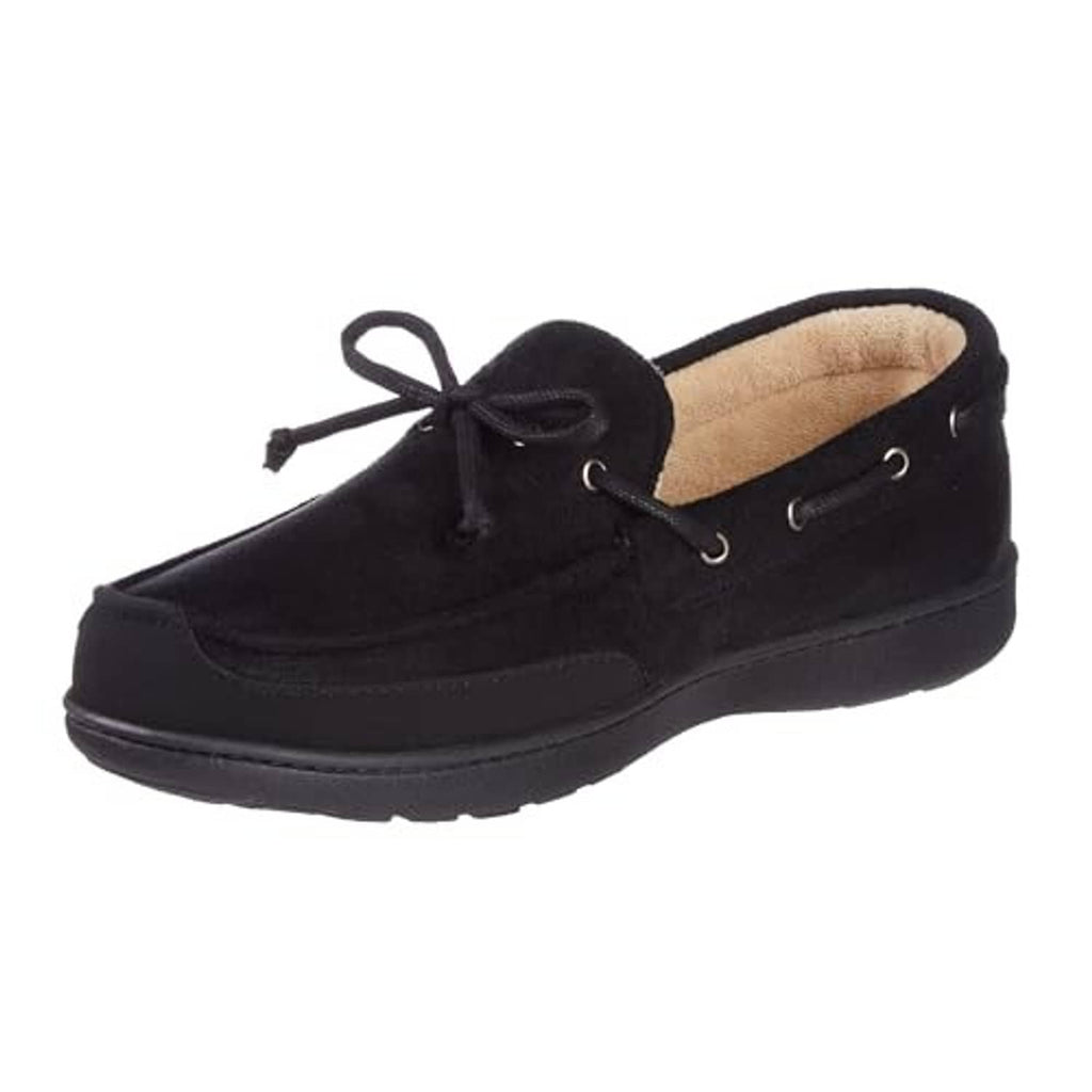 Black lace-up boater moccasin clog with faux-fur lining, eyelets, and rubber sole