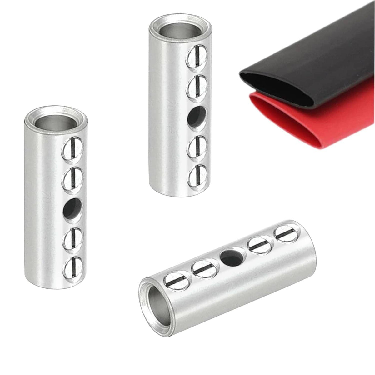 Silver screw-type wire butt connectors with tinned brass screws and heat-shrink sleeve