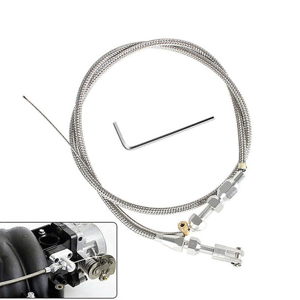 Braided throttle cable kit with adjustment hardware and connector fittings