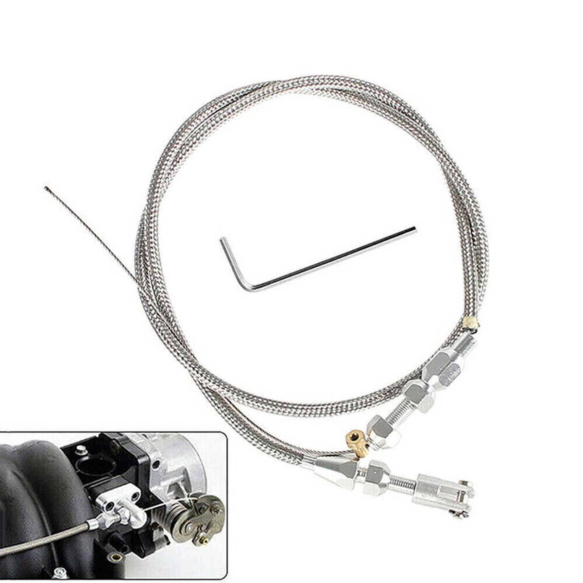 Braided throttle cable kit with adjustment hardware and connector fittings