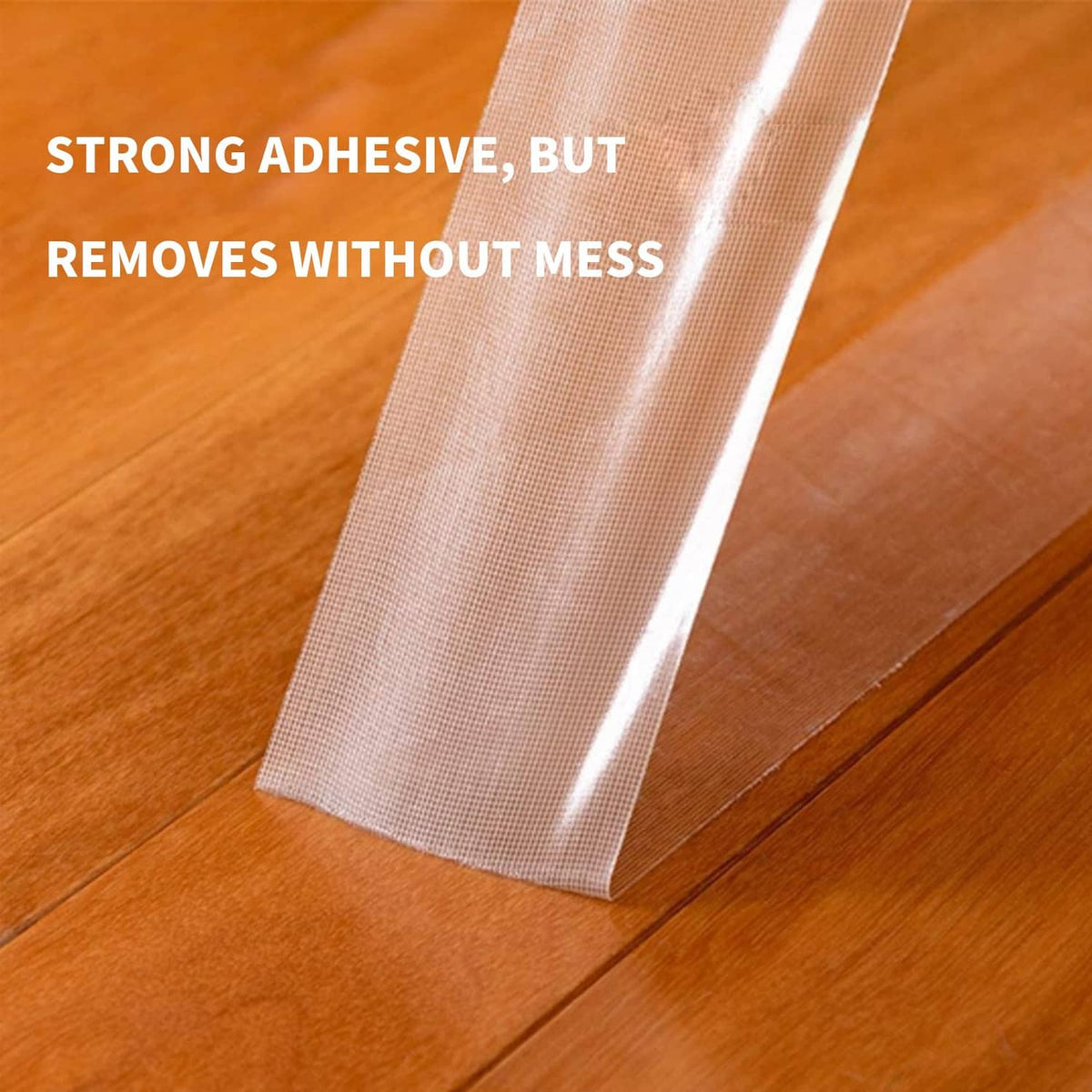 Yellow double-sided carpet tape strip for securing rugs on hardwood floor