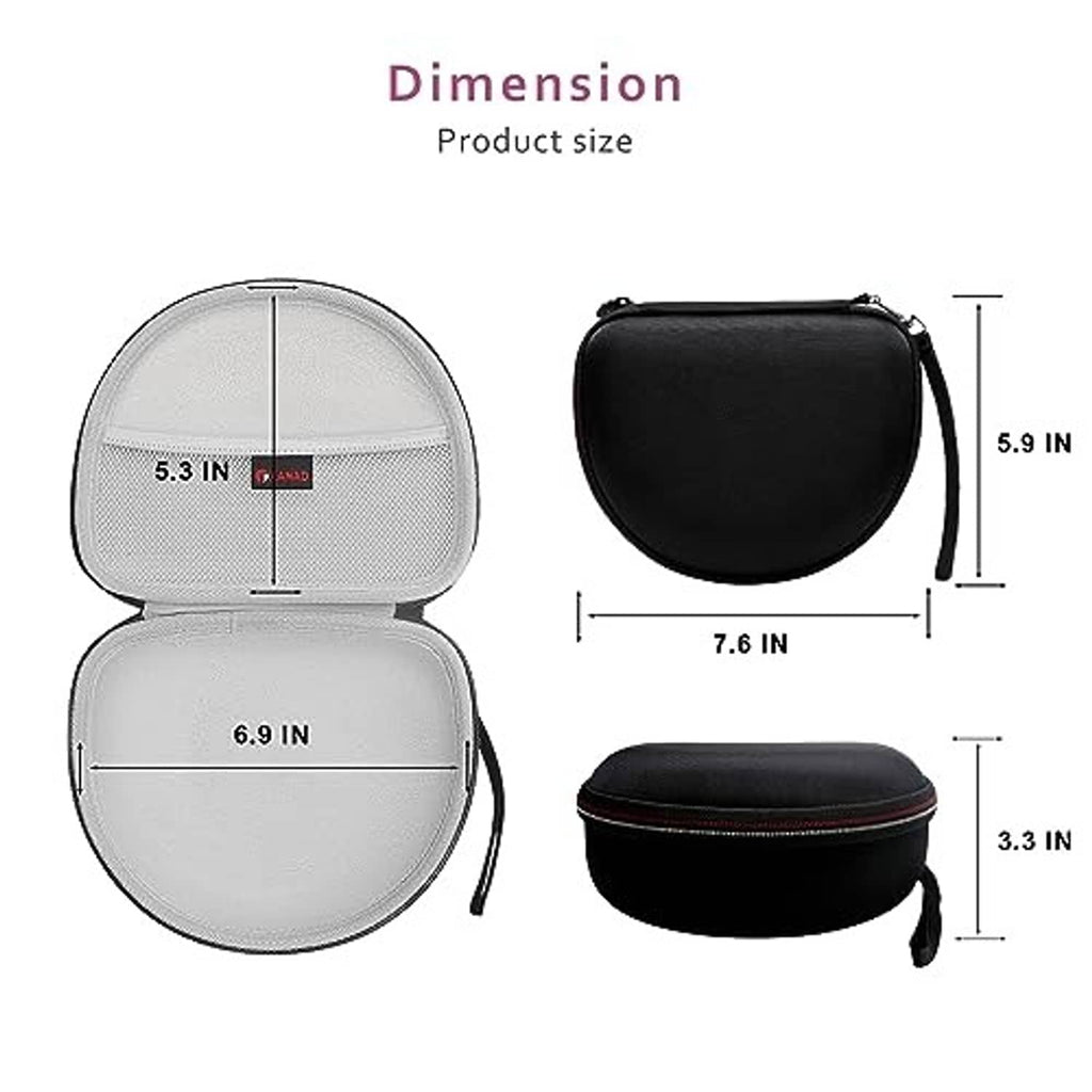 Gray and black zippered headphone cases shown with size measurements and side view dimensions.