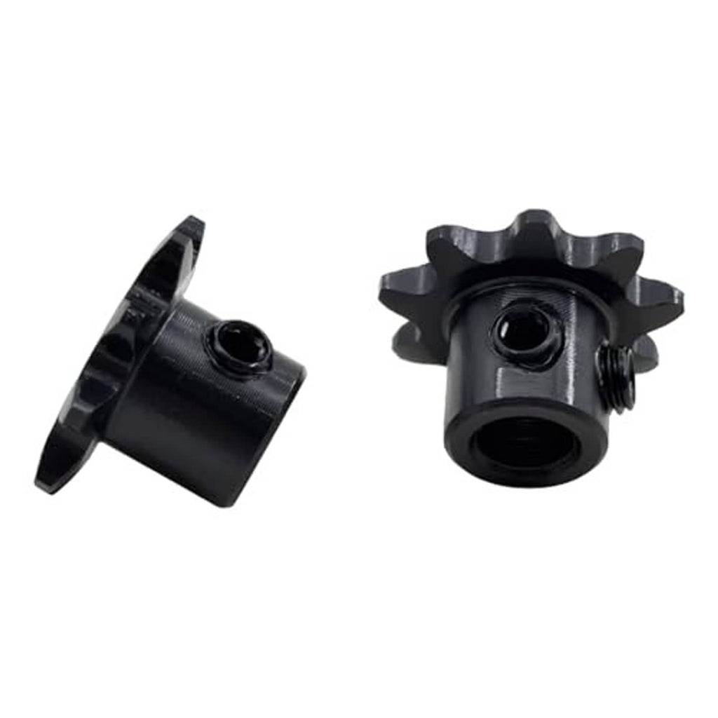 Two roller chain sprockets, black finish, side and front view of bores
