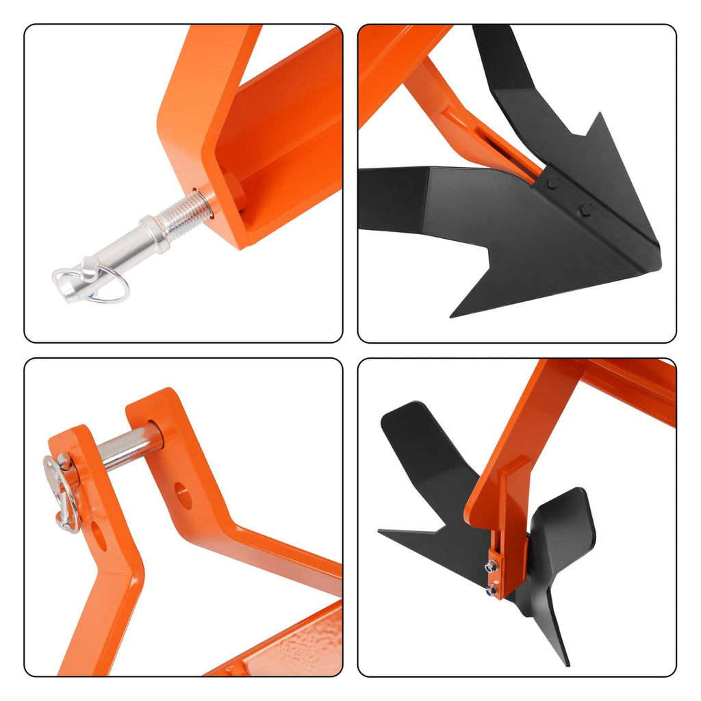 Orange steel middle buster quick hitch detail view with black ground blade and pins
