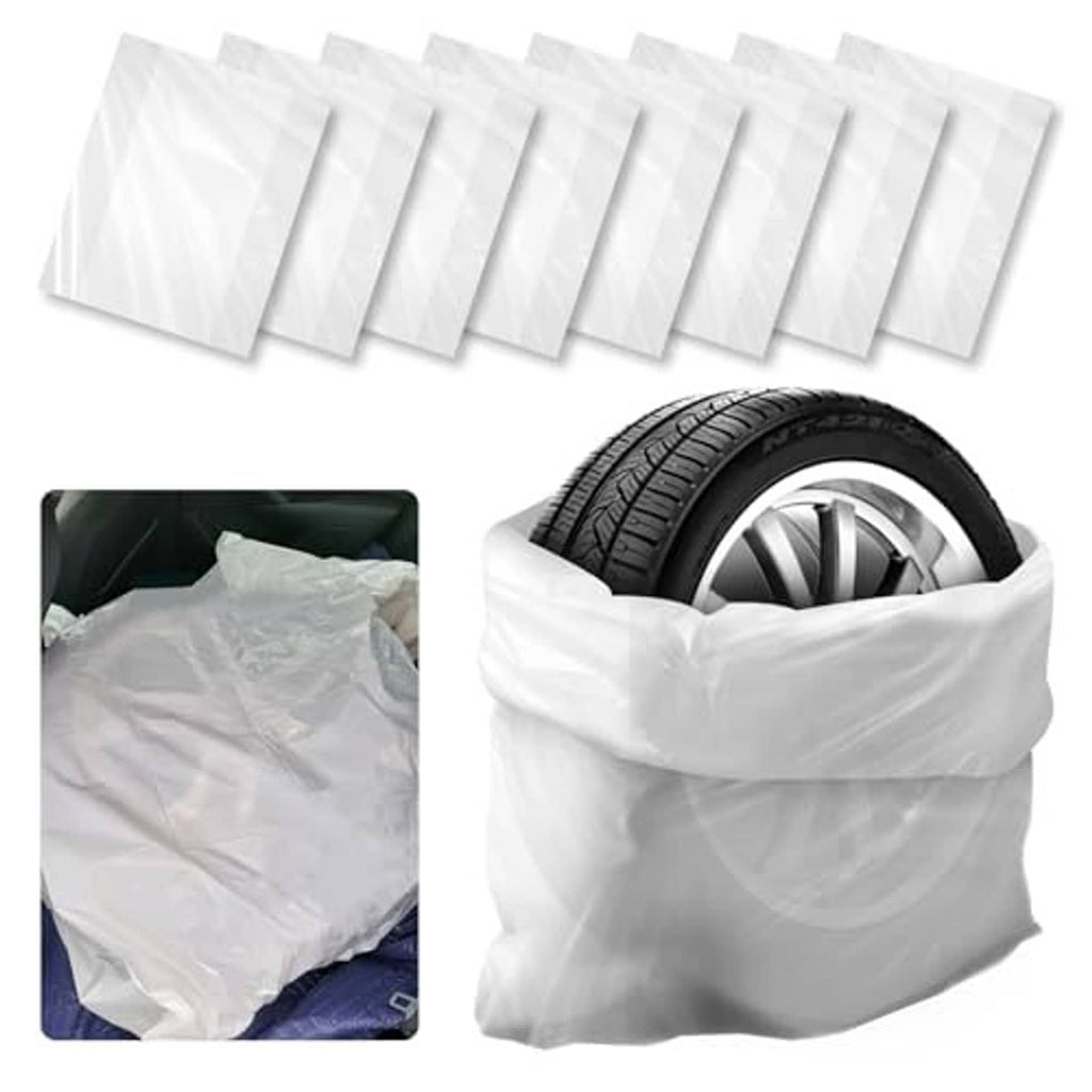 White LDPE tire storage bags with a covered tire, folded wrap around tread